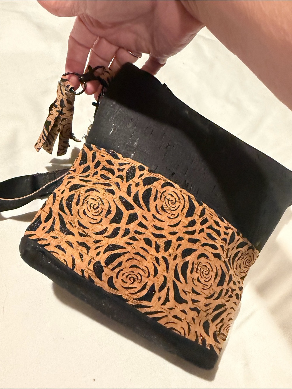 Hand Crafted Black and Tan Floral Laser-Cut Crossbody Bag